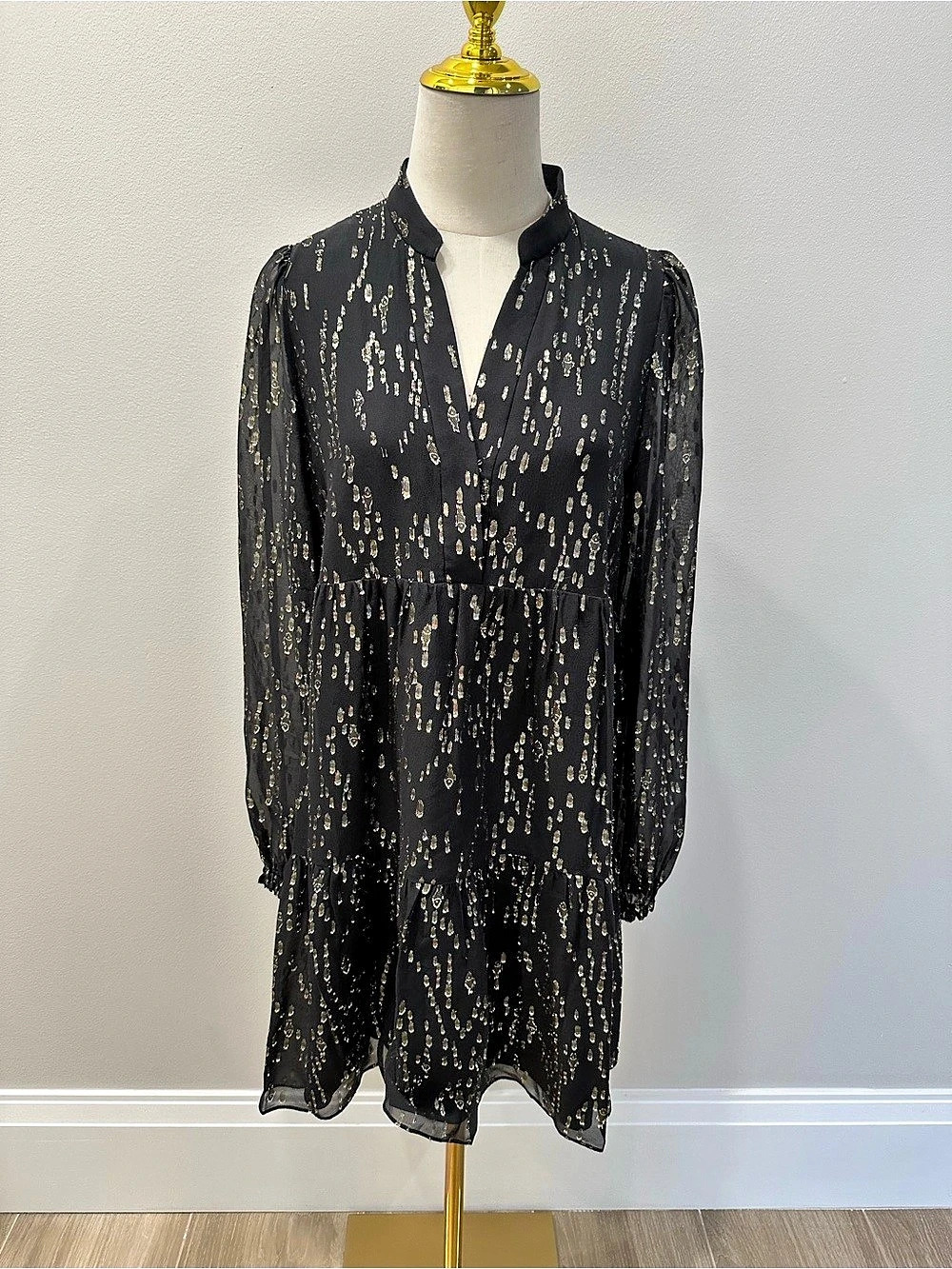 Lilly Pulitzer Size S Black Gold Metallic Silk Long Sleeve Dress